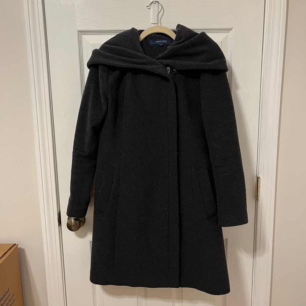Cole Haan Wool-Blend Charcoal Hooded Coat Size 6
